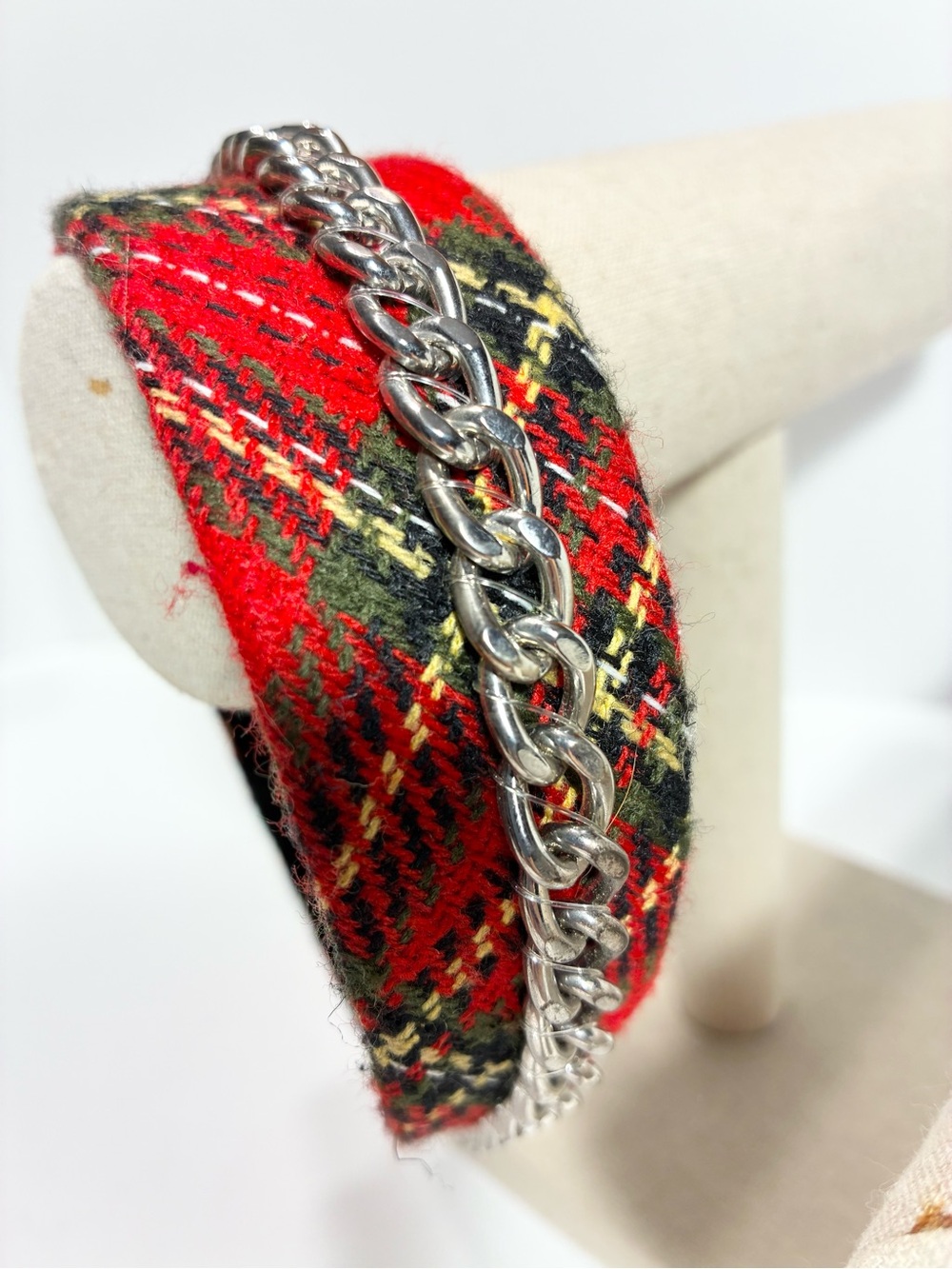 Red Plaid Wide Headband w/ Chunky Silver Chain Detail, Black Velvet Lining - Picture 2 of 7